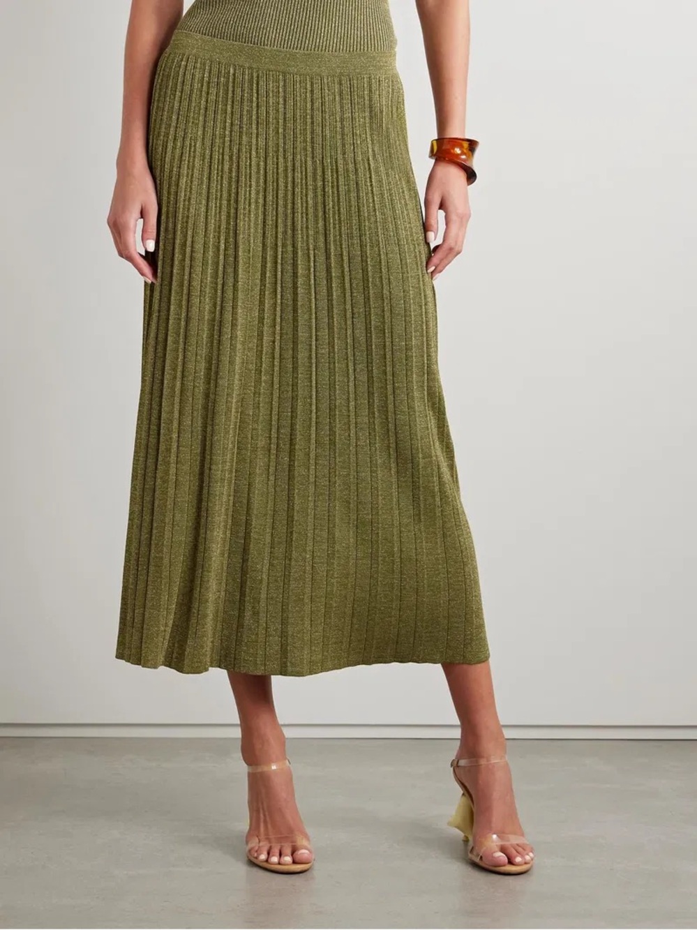 Zimmermann Olive Green Metallic Pleated Midi Skirt
